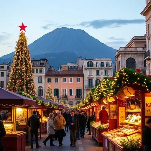Mercatino di Natale a Napoli con bancarelle illuminate e Vesuvio sullo sfondo