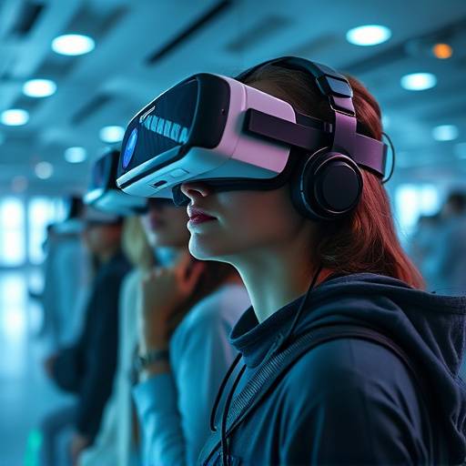 Persone che interagiscono in un ambiente virtuale del metaverso utilizzando visori VR.